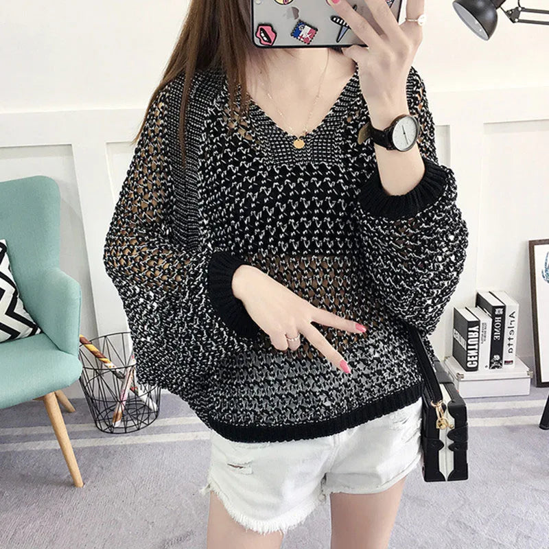 Loose Hollow Out Knitted Pullover Crochet Bat wing
