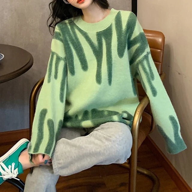 Elegant Green Striped Print Pullovers Women Winter