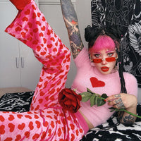 Women Pink Heart Print Velvet Crop