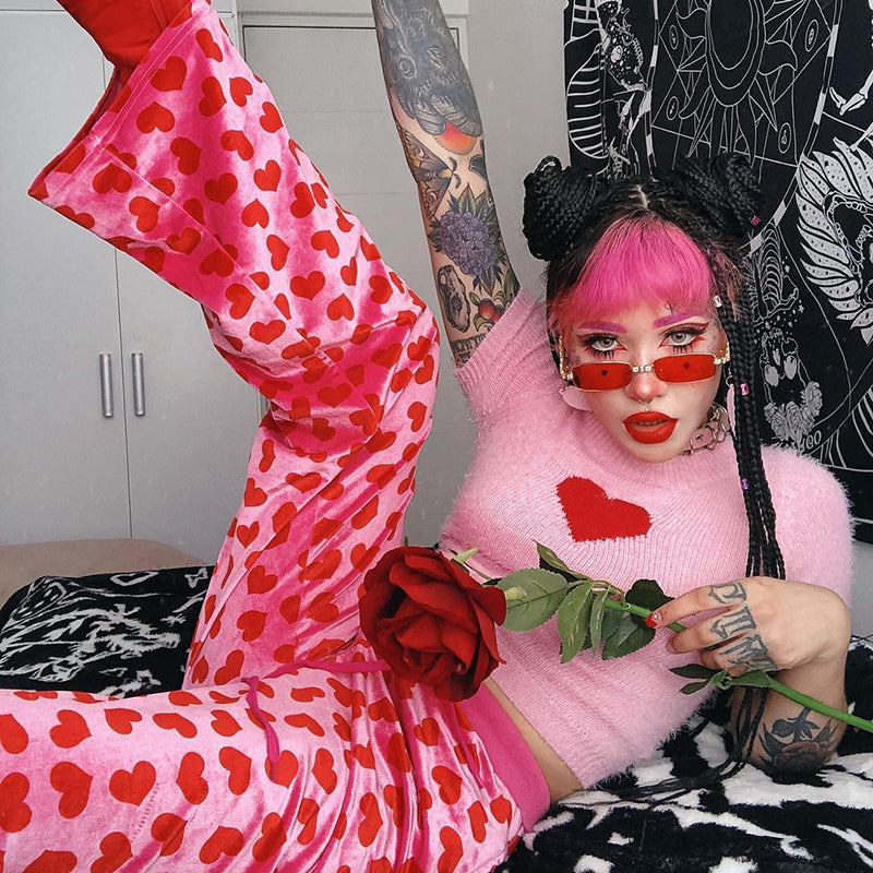 Women Pink Heart Print Velvet Crop
