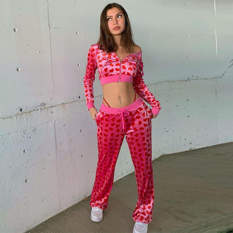 Women Pink Heart Print Velvet Crop