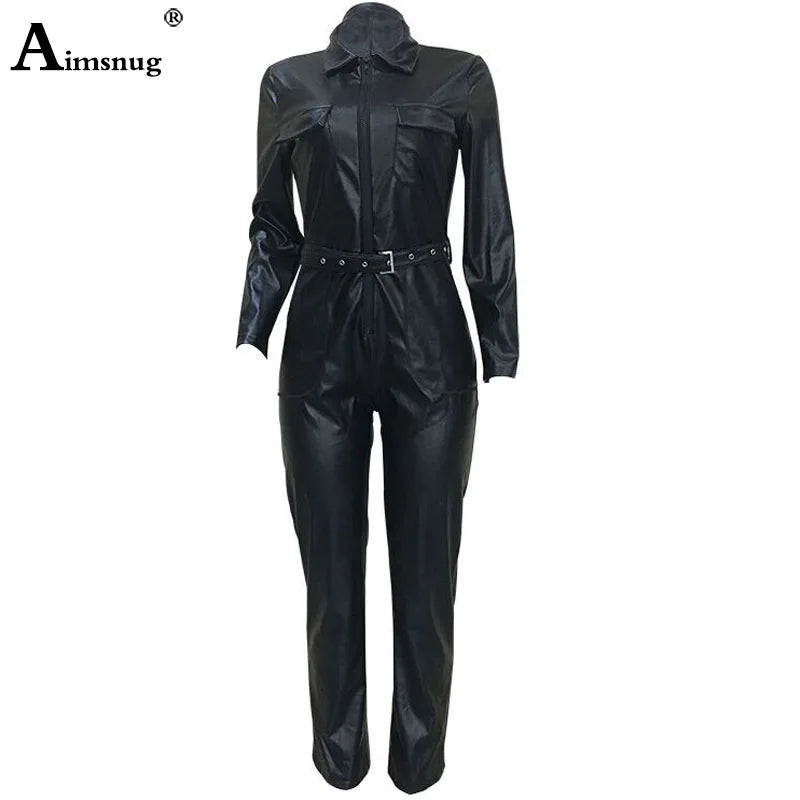 Womens Black PU Leather Jumpsuit
