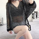 Loose Hollow Out Knitted Pullover Crochet Bat wing