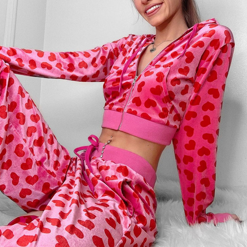 Women Pink Heart Print Velvet Crop