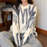 Elegant Green Striped Print Pullovers Women Winter