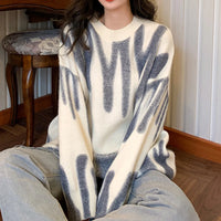 Elegant Green Striped Print Pullovers Women Winter