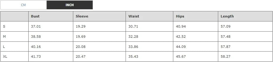 Measurement chart for clothing sizes with bust, sleeve, waist, hips, and length measurements in both centimeters and inches.