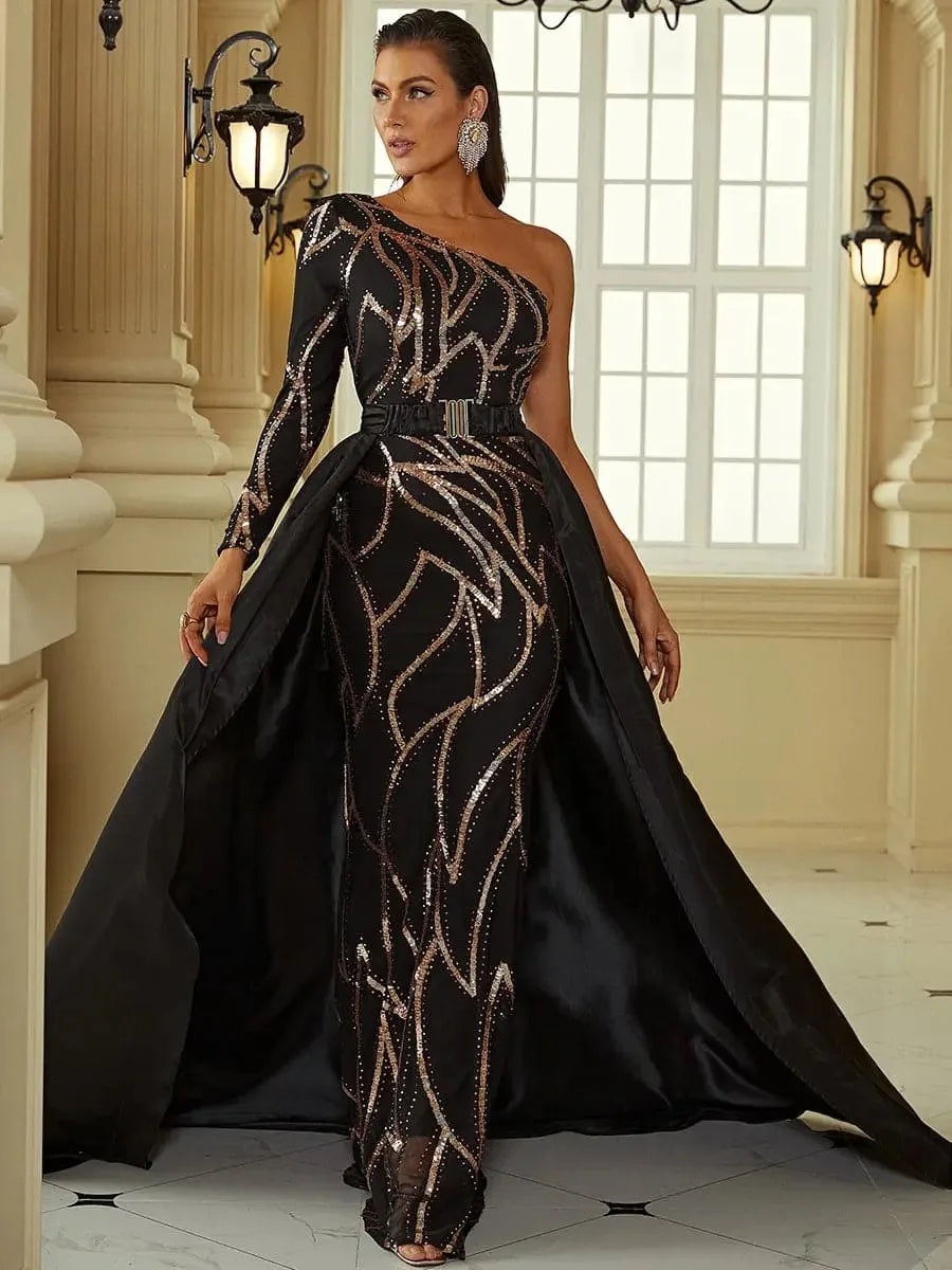 One-shoulder sequin evening dress