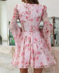 Pink floral dress with long sleeves worn by a person, blurred background