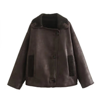 Women Casual Lapel Thick Faux Leather Jackets
