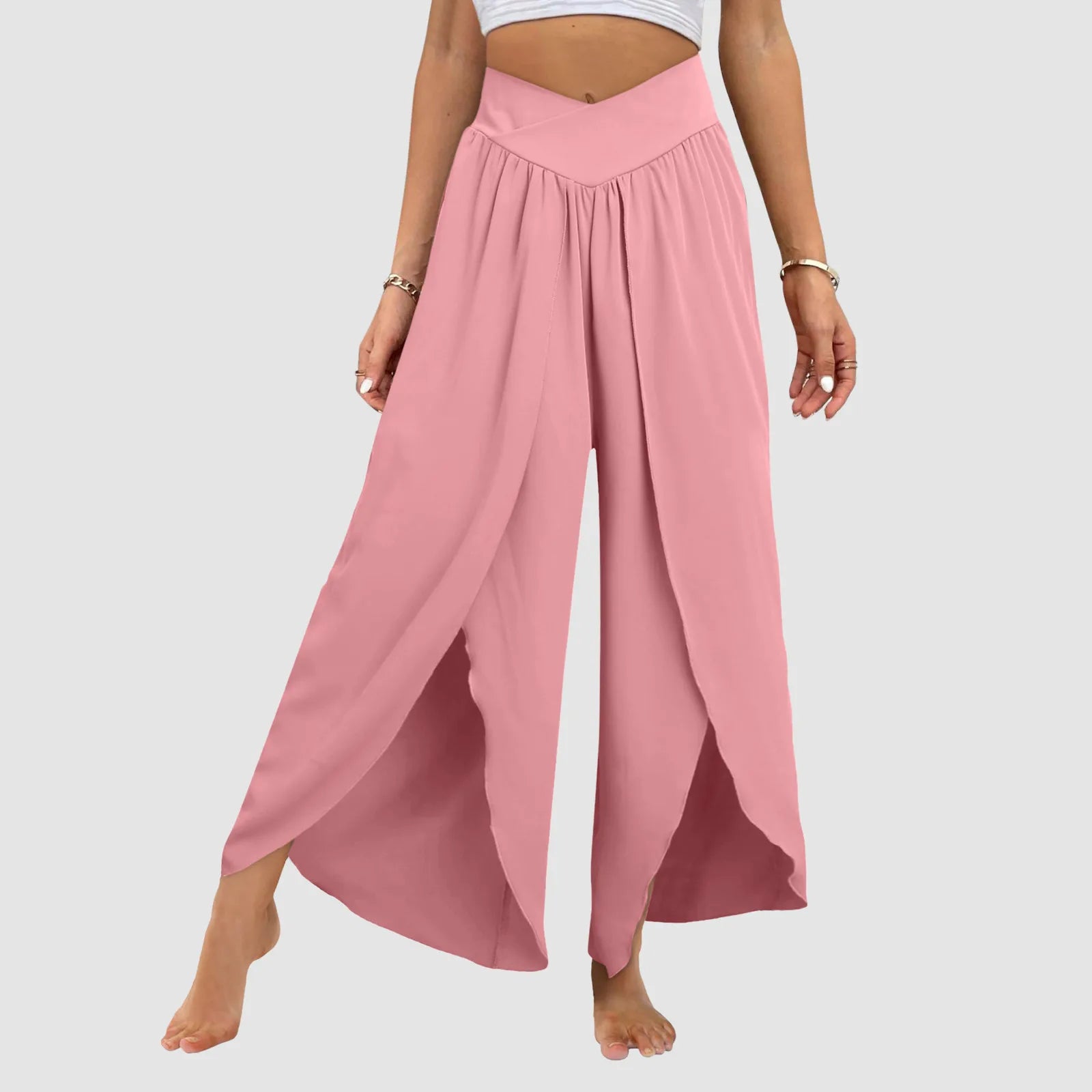 Wide Leg Pants With Front Slit High Waisted Pleated