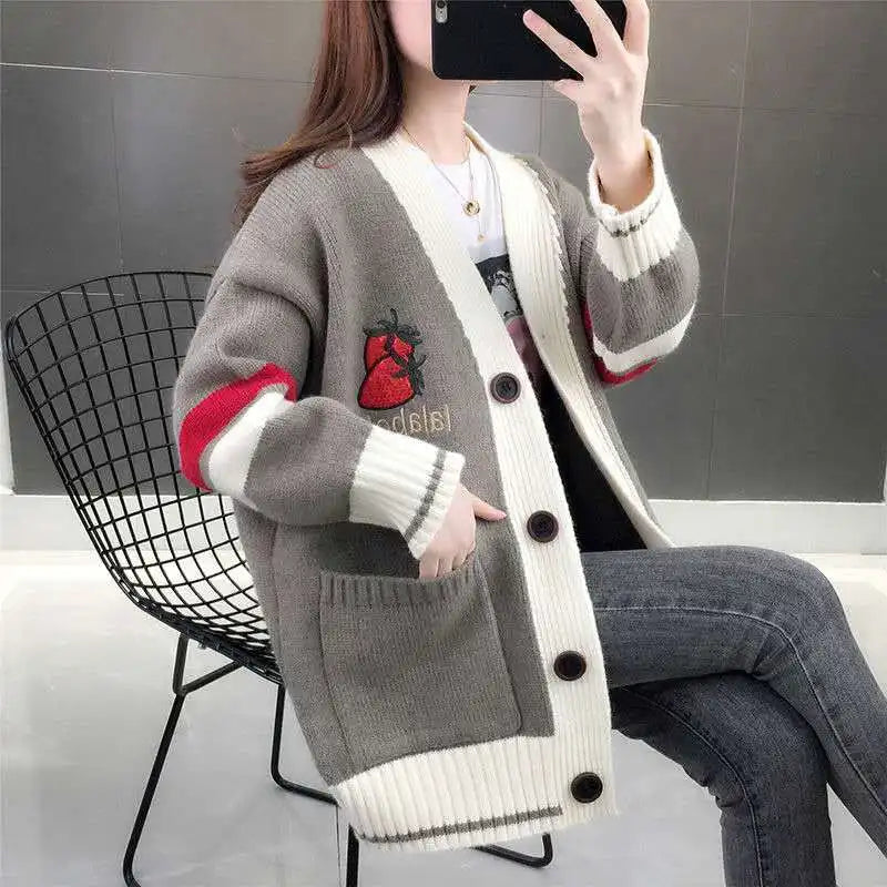 Winter Style Loose Diamond Plaid Long-Sleeve Cardigan