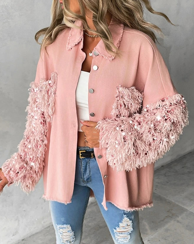 Women's Top Contrast Sequin Tassel Design