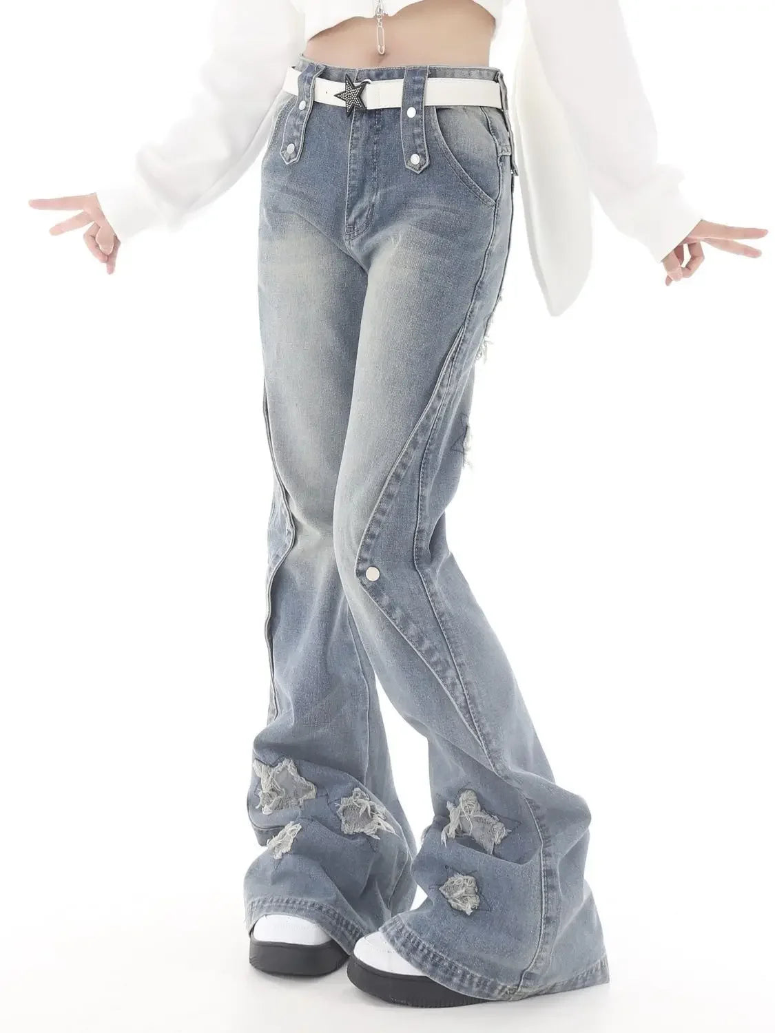 Women Blue Y2k Star Flare Jeans Vintage