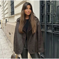 Women Casual Lapel Thick Faux Leather Jackets