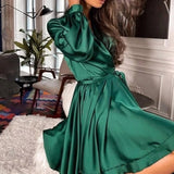 Summer Ladies V Neck Satin Dress Long Sleeve