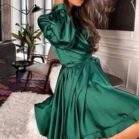 Summer Ladies V Neck Satin Dress Long Sleeve