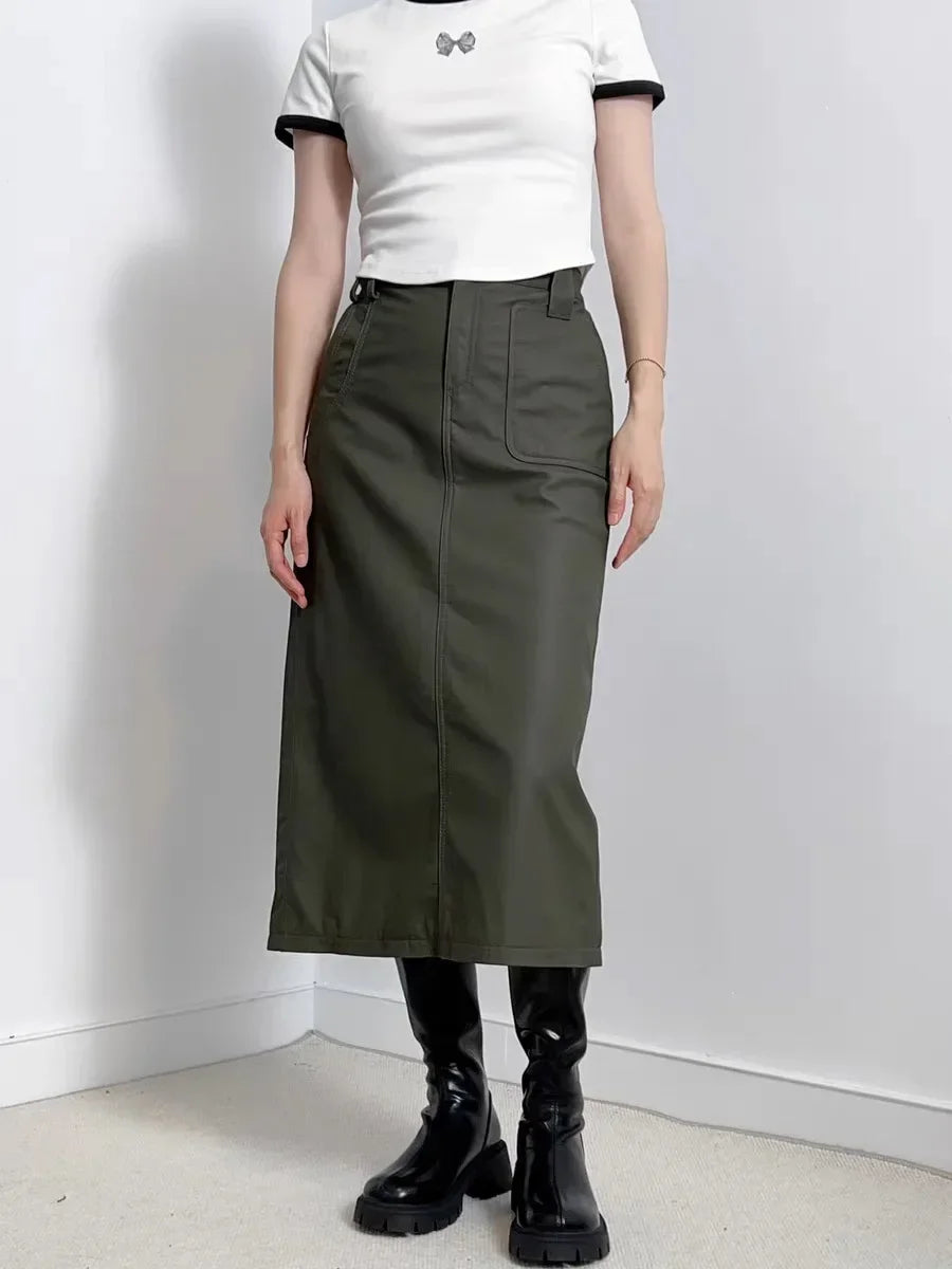 Women Genuine Leather Long Maxi Skirts