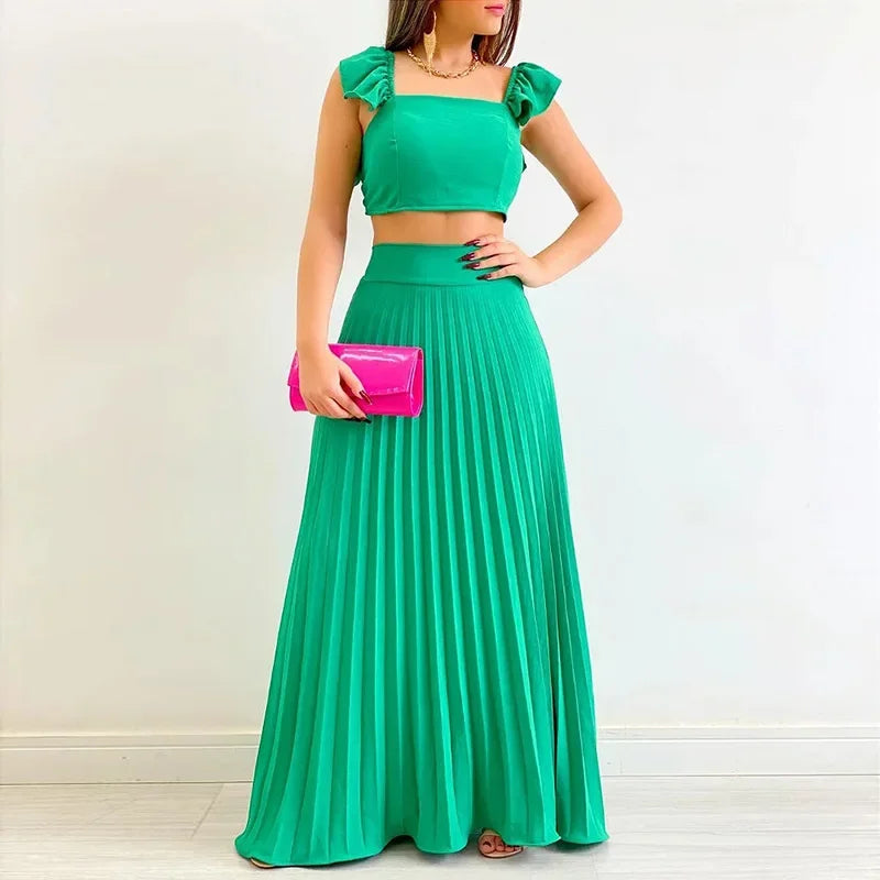 Women Top Short Vest High Waist Pleated Long Skirt