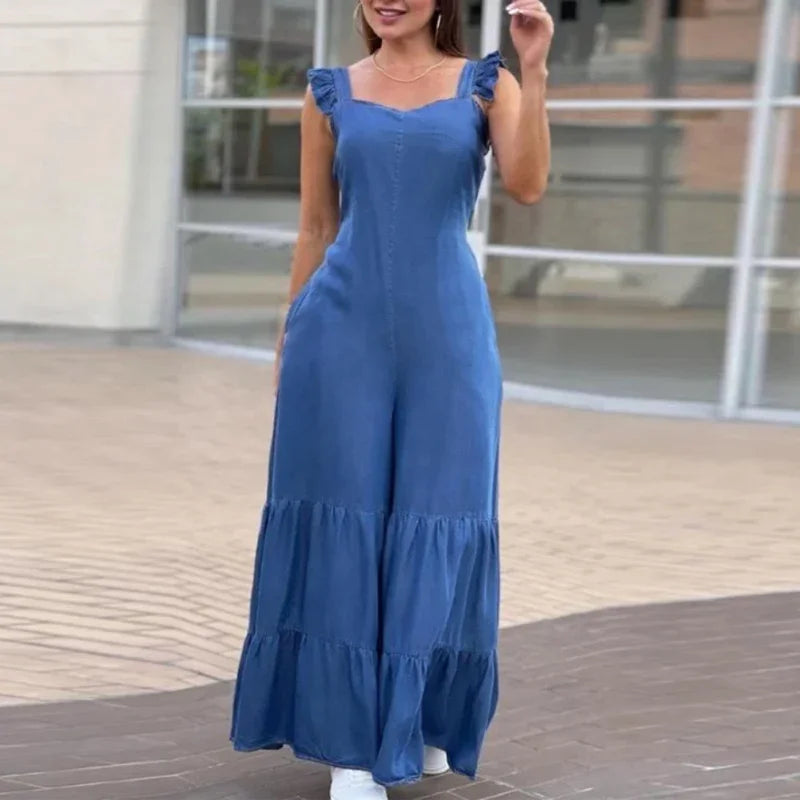 Women Solid Imitation Denim Jumpsuits