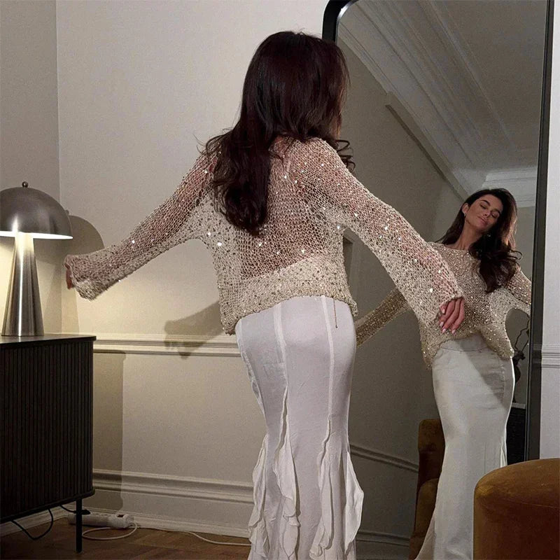 Sexy Sequins Hollow Pullover O-neck Long Sleeve Sweater
