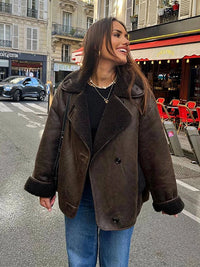 Women Casual Lapel Thick Faux Leather Jackets