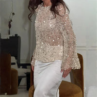 Sexy Sequins Hollow Pullover O-neck Long Sleeve Sweater