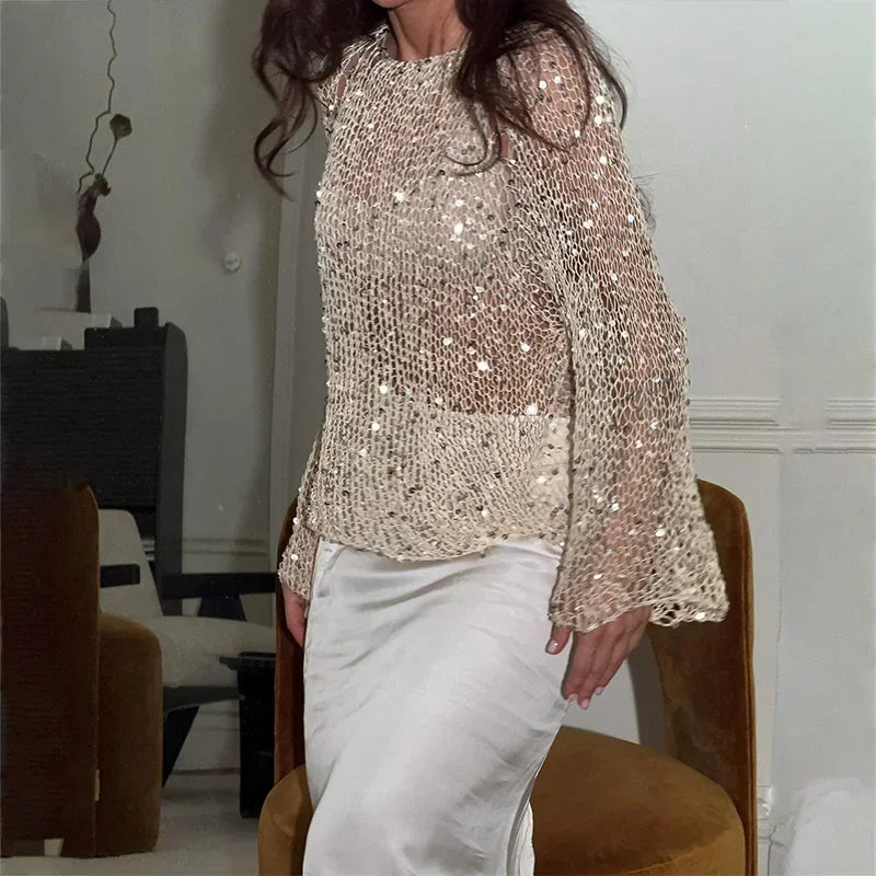 Sexy Sequins Hollow Pullover O-neck Long Sleeve Sweater