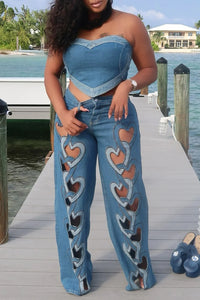 Blue Heart Cut Out Wide Leg Denim Jeans