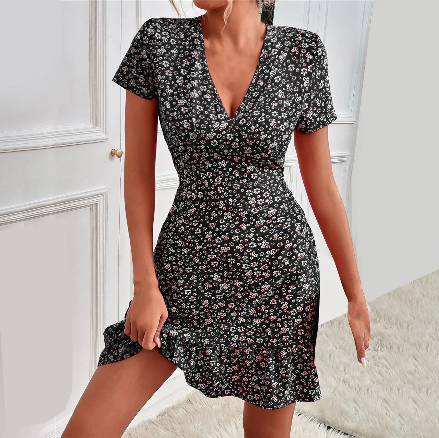Summer V Neck Short Sleeve Floral Print Yellow Dress
