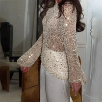 Sexy Sequins Hollow Pullover O-neck Long Sleeve Sweater