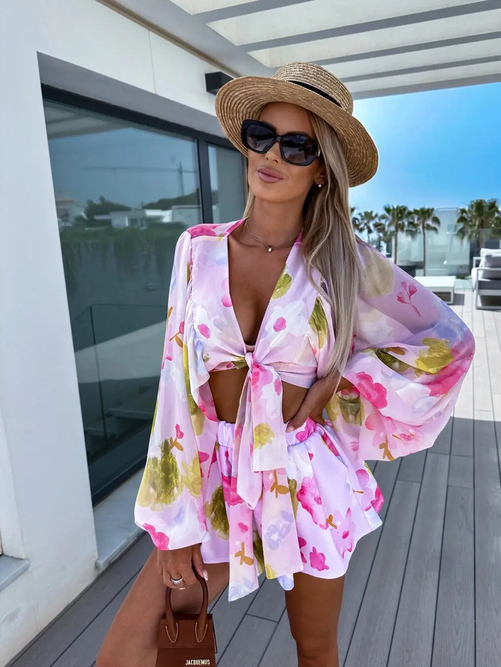 Summer deep V-neck beach style shorts suit