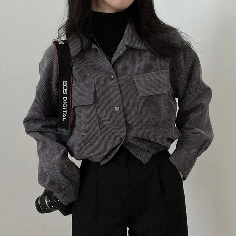 Rimocy Chic Pockets Long Sleeve Cropped Blouse