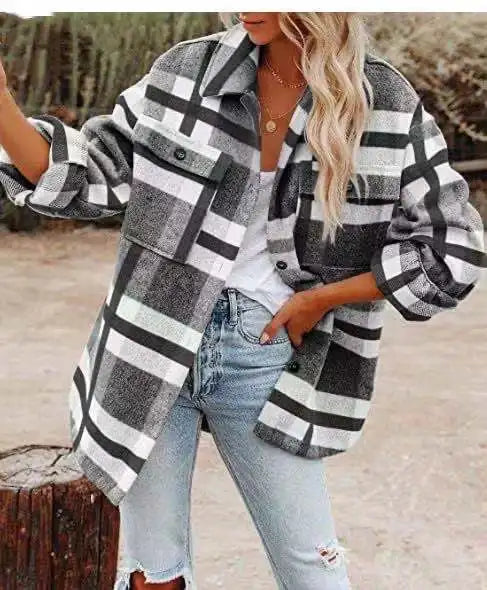 Autumn Women's Plaid Jacket Long Sleeve Lapel