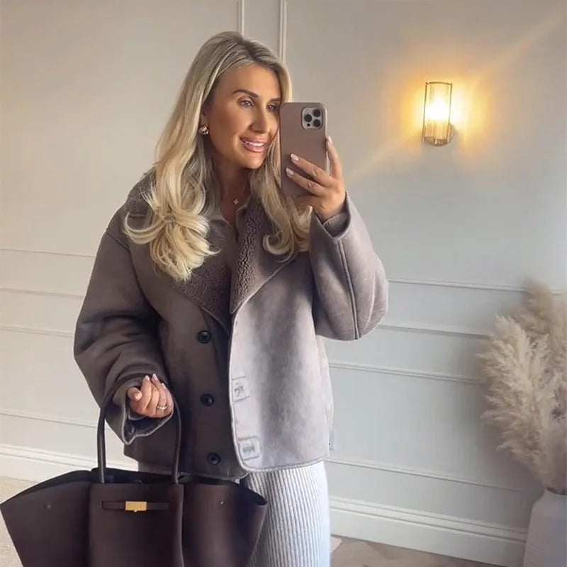 Women Casual Lapel Thick Faux Leather Jackets