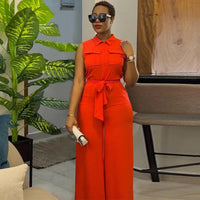 Lapel Pocket Waist Trimming Wide Leg Sleeveless Jumpsuit