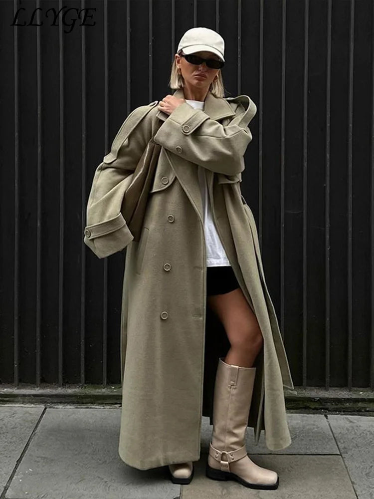 Street Ribbed Woolen Long Coat