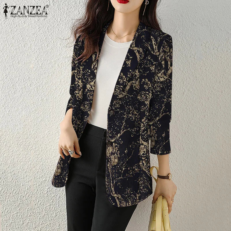 Women Autumn Blazer Retro Printed Coats