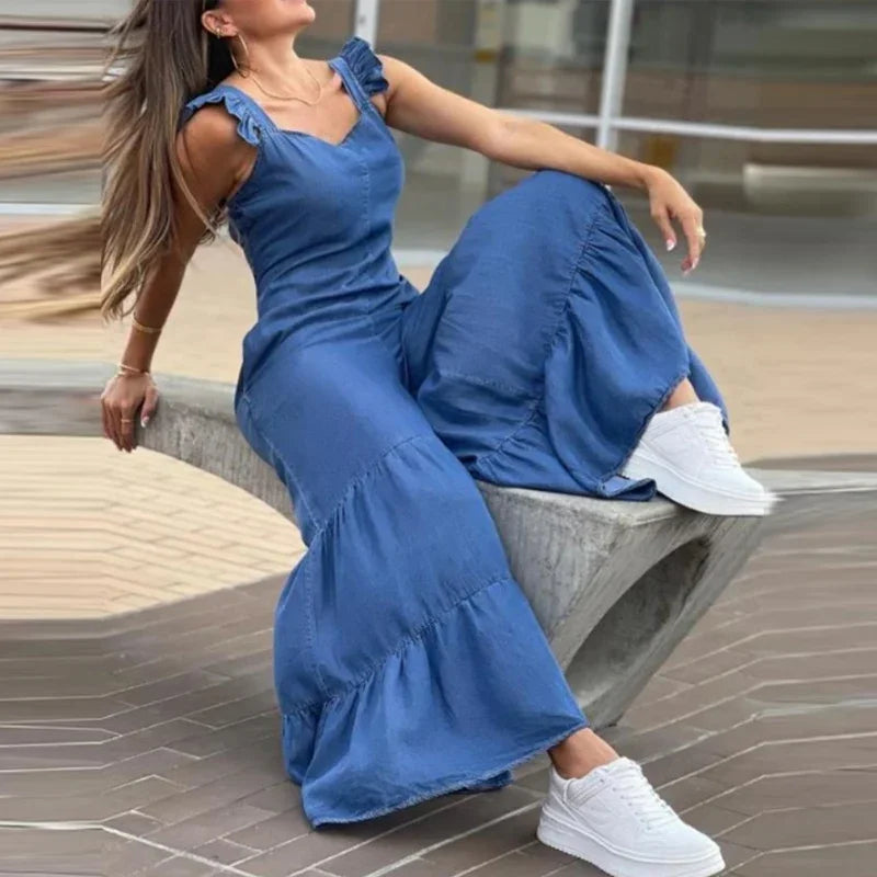 Women Solid Imitation Denim Jumpsuits