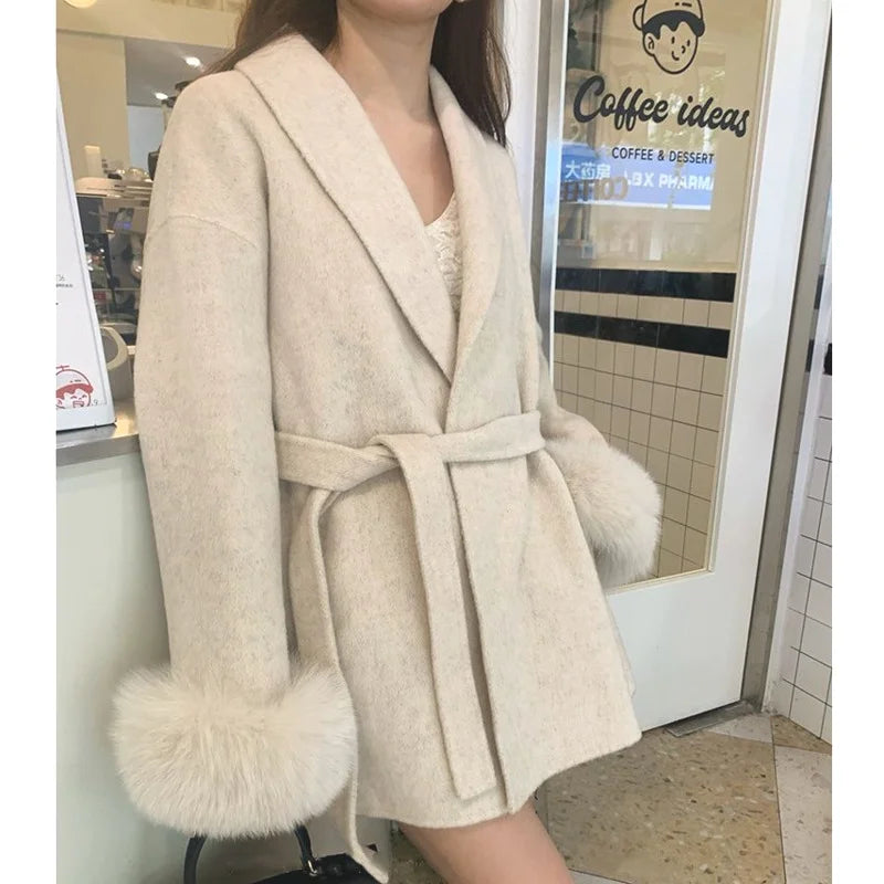 Versatile Tweed Cape Coat Belt Models