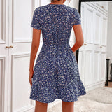 Summer V Neck Short Sleeve Floral Print Yellow Dress