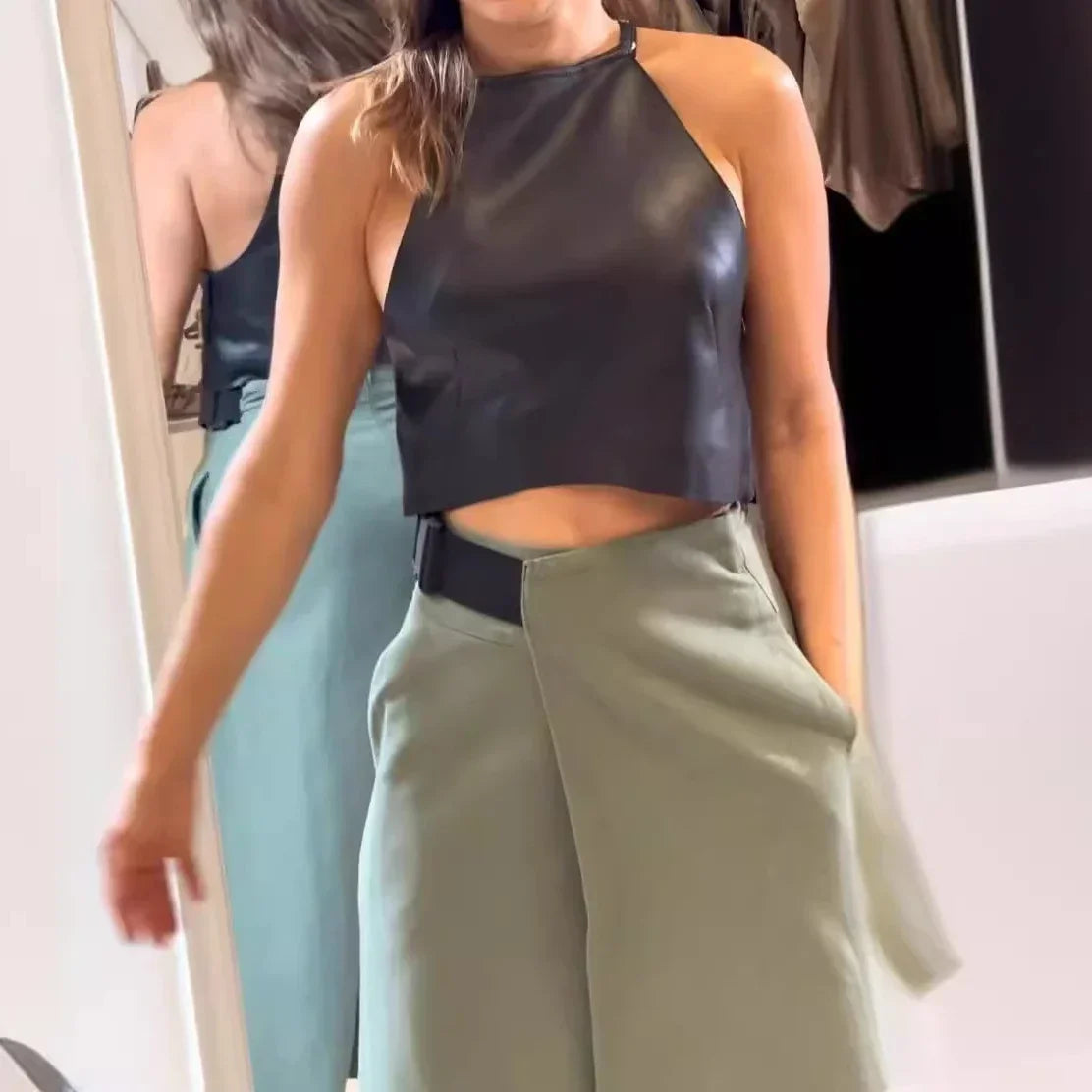 Elegant Women Striped PU Crop with Long Skirt