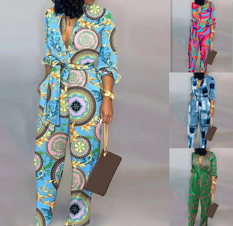 Autumn Casual Jumpsuits fashion Print V-Neck