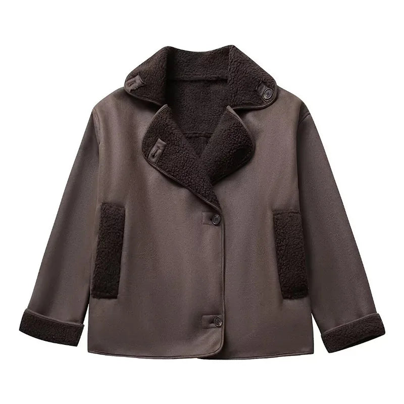 Women Casual Lapel Thick Faux Leather Jackets