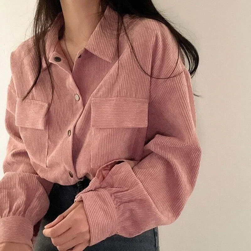Rimocy Chic Pockets Long Sleeve Cropped Blouse