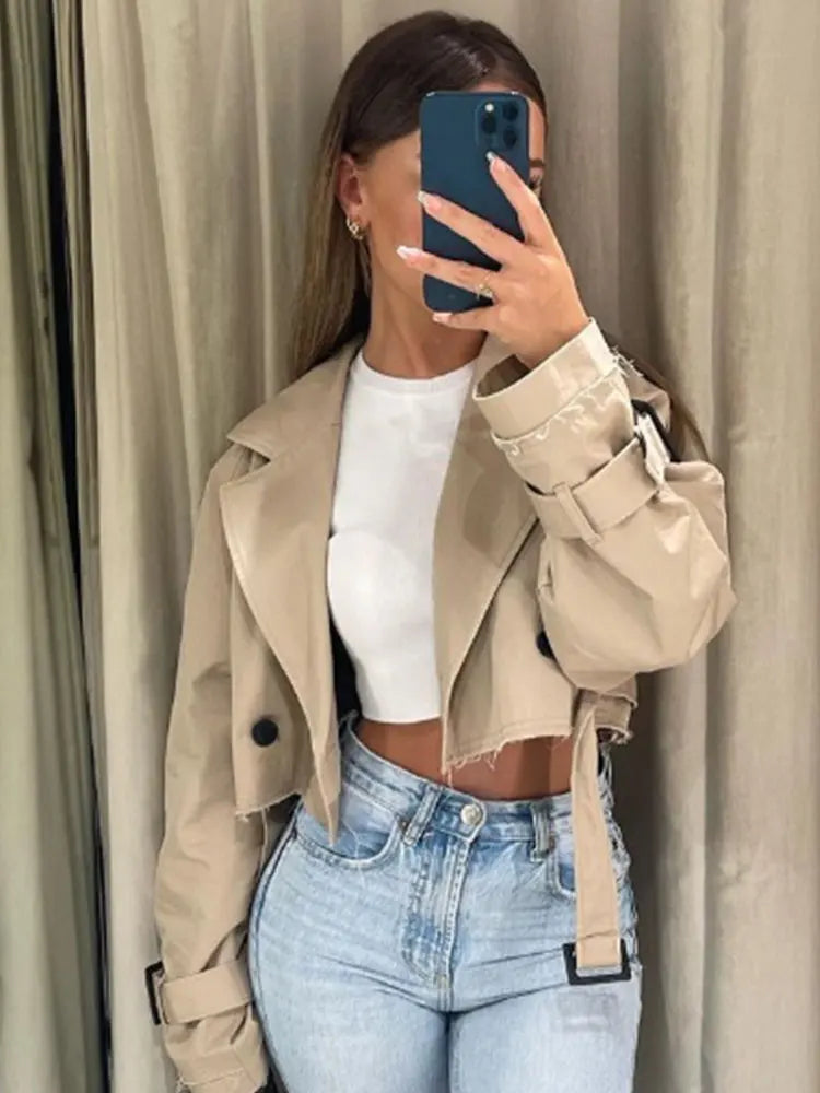 Women Belt Cropped Trench Spring Jacket