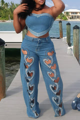 Blue Heart Cut Out Wide Leg Denim Jeans
