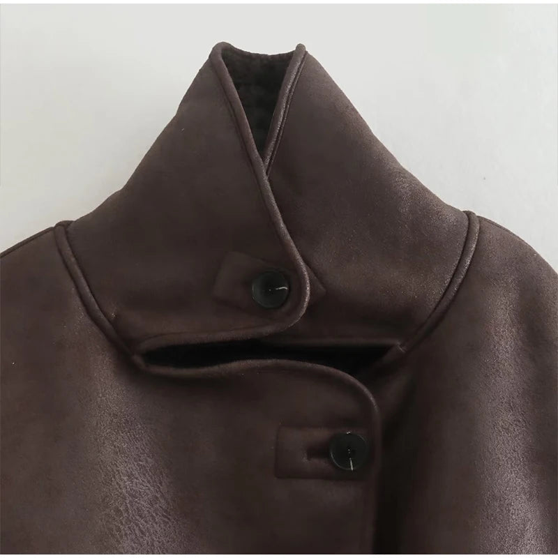 Women Casual Lapel Thick Faux Leather Jackets