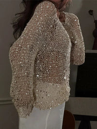 Sexy Sequins Hollow Pullover O-neck Long Sleeve Sweater