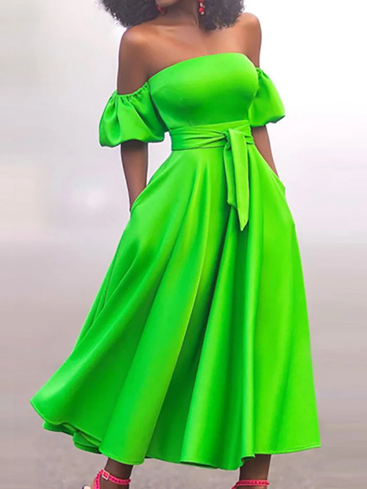 Slim Fit Belt Elegant Lady Midi Dresses